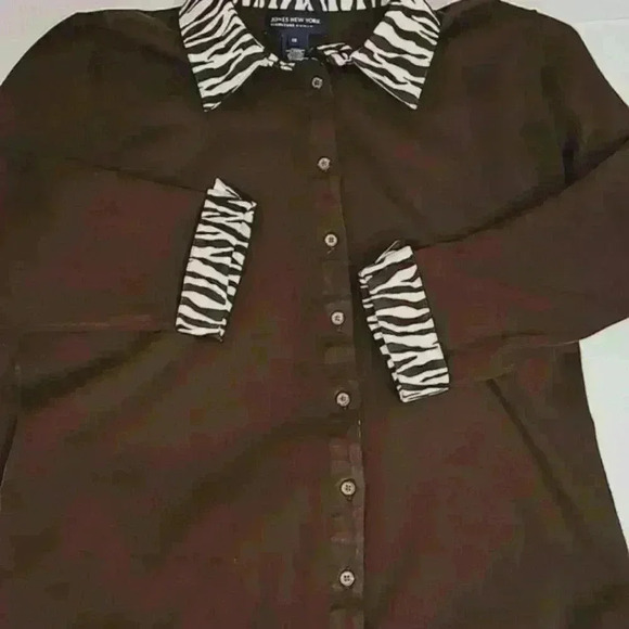 Jones NY brown sweater 1X zebra print button front 3/4 sleeves boho preppy - Picture 1 of 12